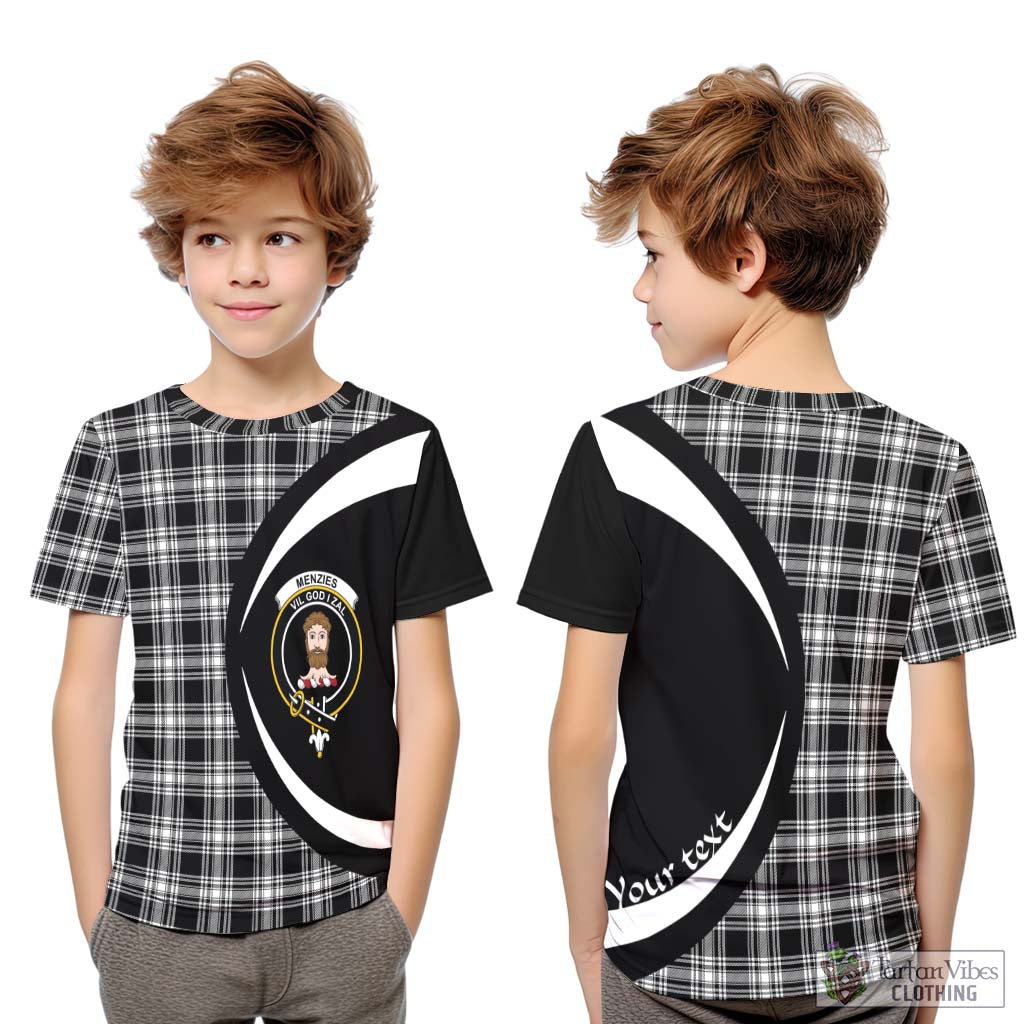 Menzies Black and White Tartan Kid T-Shirt with Family Crest Circle Style Youth XL Size14 - Tartan Vibes Clothing