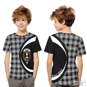 Menzies Black and White Tartan Kid T-Shirt with Family Crest Circle Style