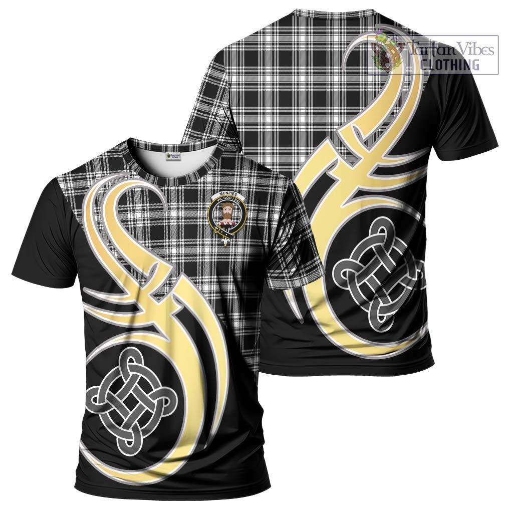 Tartan Vibes Clothing Menzies Black and White Tartan T-Shirt with Family Crest and Celtic Symbol Style