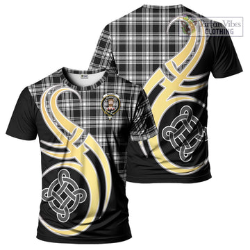 Menzies Black and White Tartan T-Shirt with Family Crest and Celtic Symbol Style