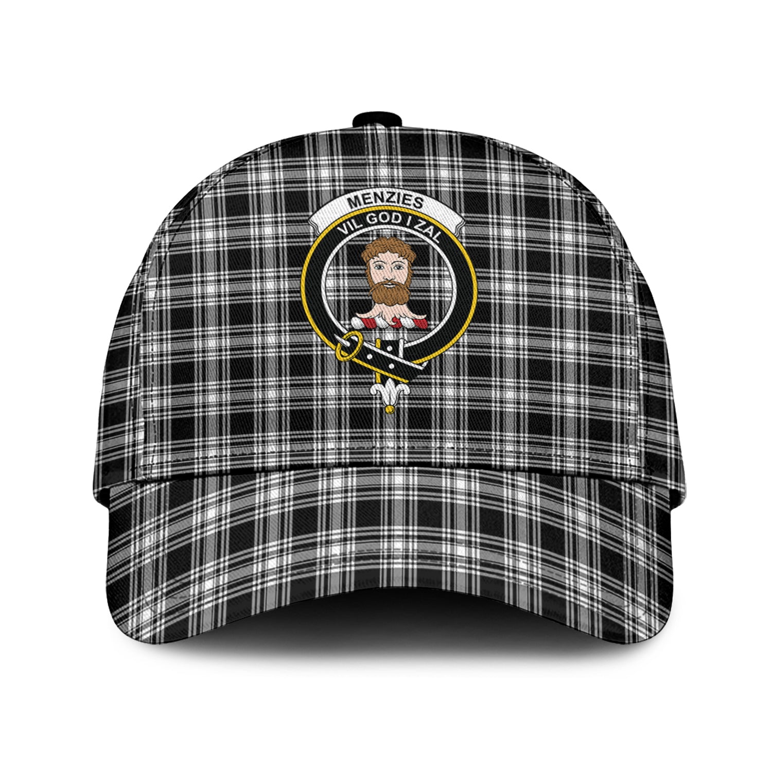 Menzies Black and White Tartan Classic Cap with Family Crest Classic Cap Universal Fit - Tartan Vibes Clothing