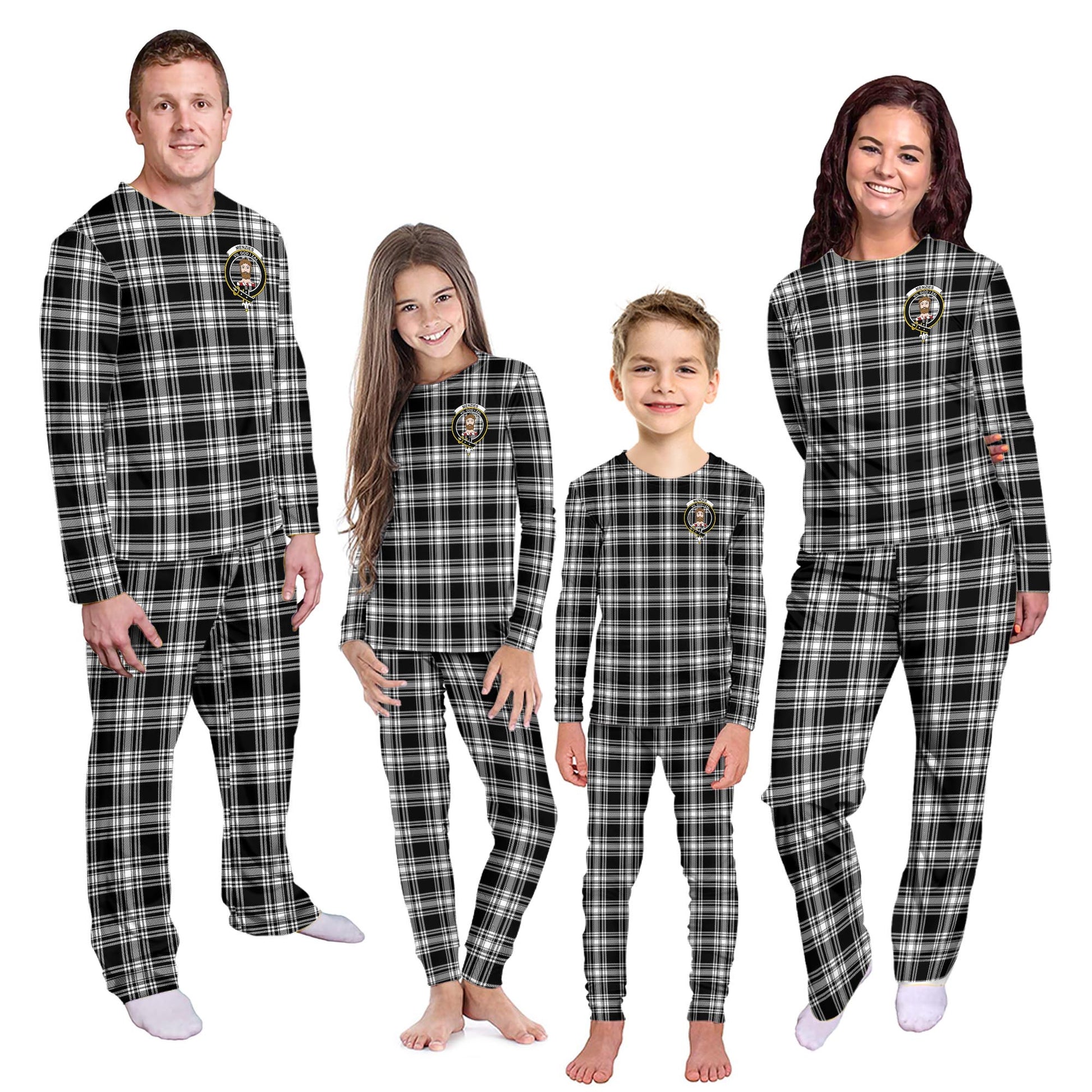 Menzies Black and White Tartan Pajamas Family Set with Family Crest - Tartanvibesclothing