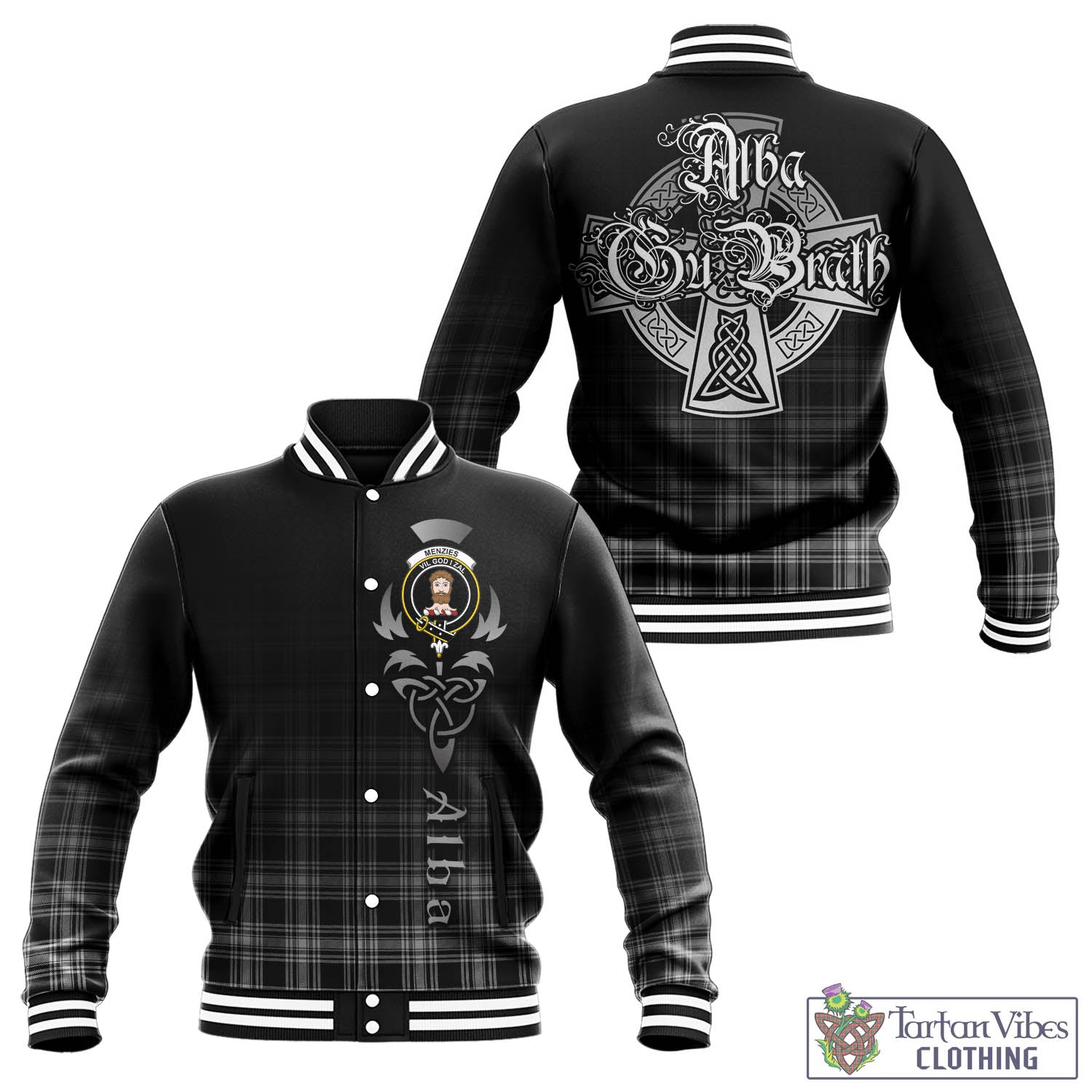 Tartan Vibes Clothing Menzies Black and White Tartan Baseball Jacket Featuring Alba Gu Brath Family Crest Celtic Inspired