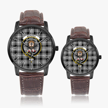 Menzies Black and White Tartan Family Crest Leather Strap Quartz Watch