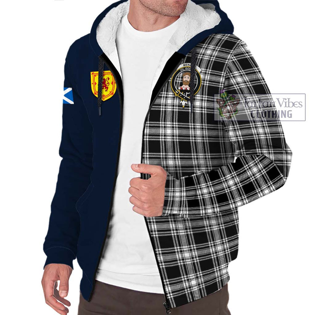 Tartan Vibes Clothing Menzies Black and White Tartan Sherpa Hoodie with Scottish Lion Royal Arm Half Style