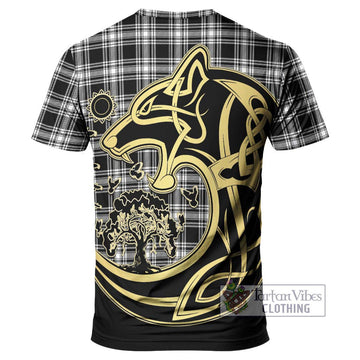 Menzies Black and White Tartan T-Shirt with Family Crest Celtic Wolf Style