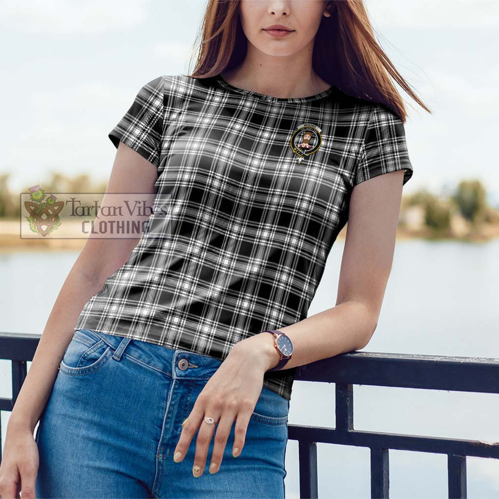 Menzies Black and White Tartan Cotton T-Shirt with Family Crest Women's Shirt - Tartanvibesclothing Shop