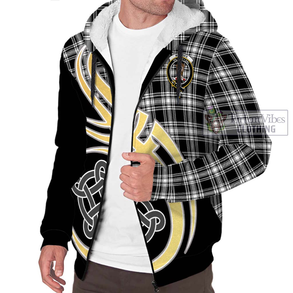 Menzies Black and White Tartan Sherpa Hoodie with Family Crest and Celtic Symbol Style - Tartan Vibes Clothing