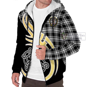 Menzies Black and White Tartan Sherpa Hoodie with Family Crest and Celtic Symbol Style