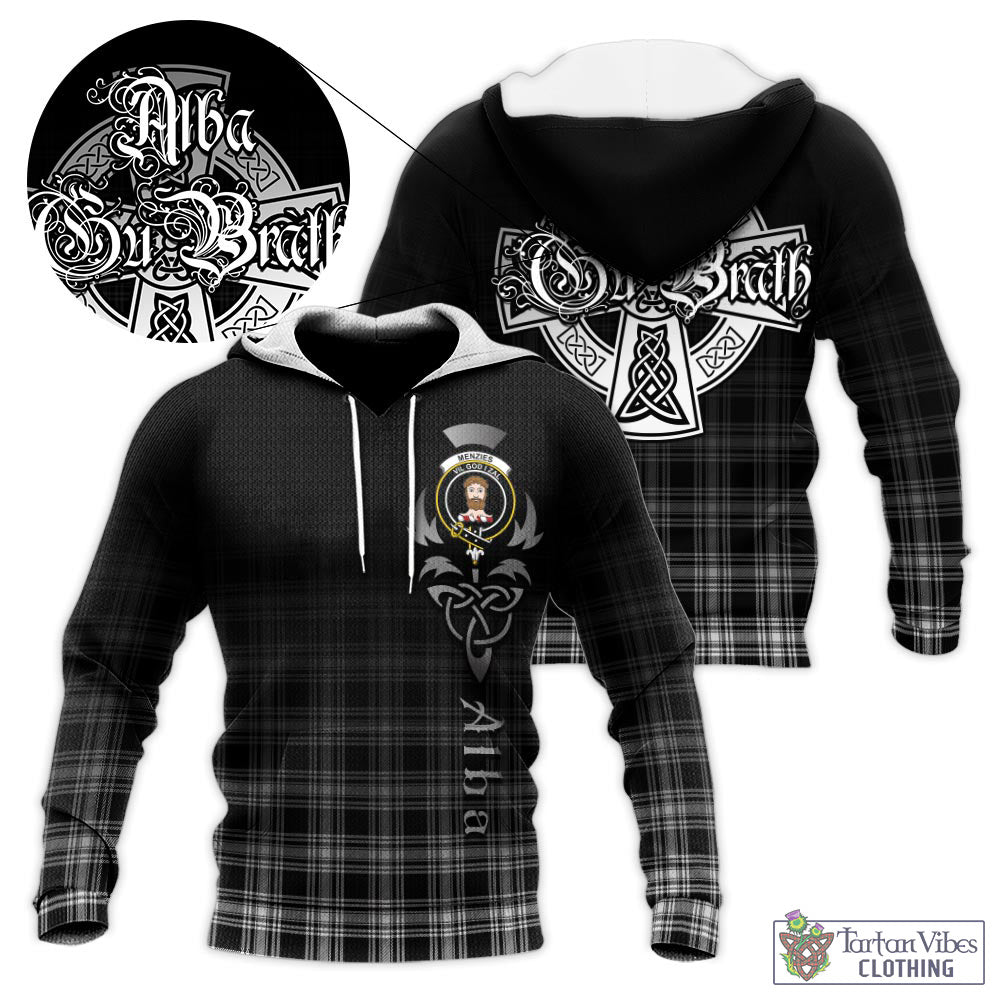 Tartan Vibes Clothing Menzies Black and White Tartan Knitted Hoodie Featuring Alba Gu Brath Family Crest Celtic Inspired