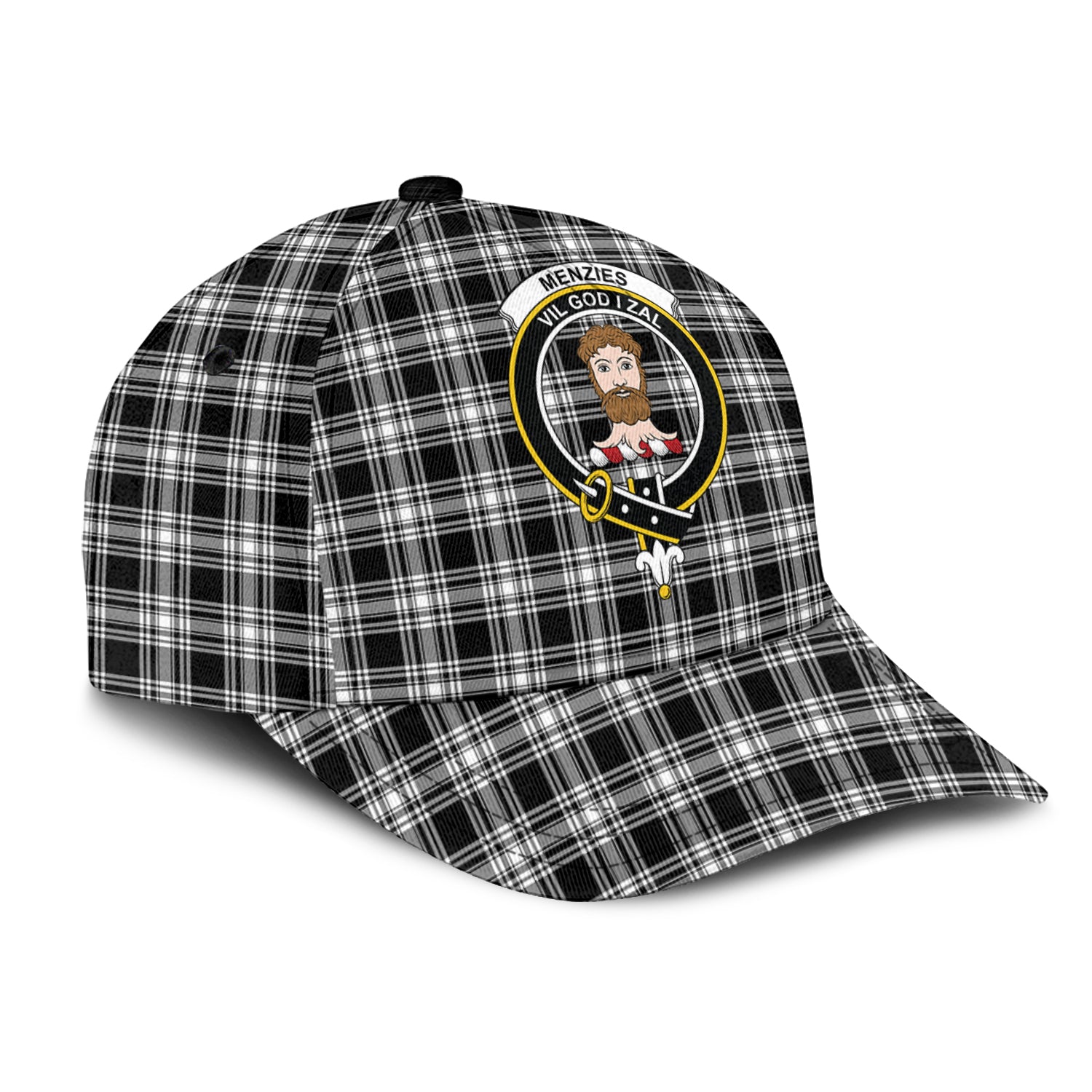 Menzies Black and White Tartan Classic Cap with Family Crest - Tartan Vibes Clothing