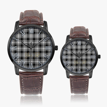 Menzies Black and White Tartan Personalized Your Text Leather Trap Quartz Watch