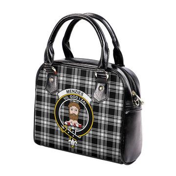 Menzies Black and White Tartan Shoulder Handbags with Family Crest