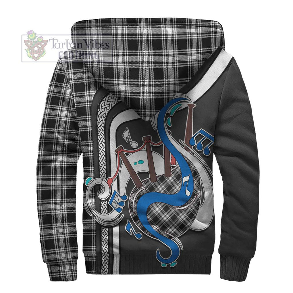 Menzies Black and White Tartan Sherpa Hoodie with Epic Bagpipe Style - Tartanvibesclothing Shop