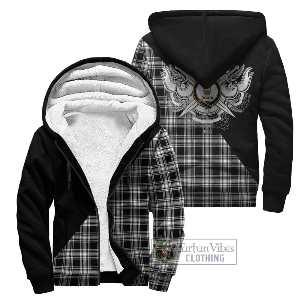 Menzies Black and White Tartan Sherpa Hoodie with Family Crest and Military Logo Style Unisex - Tartanvibesclothing Shop