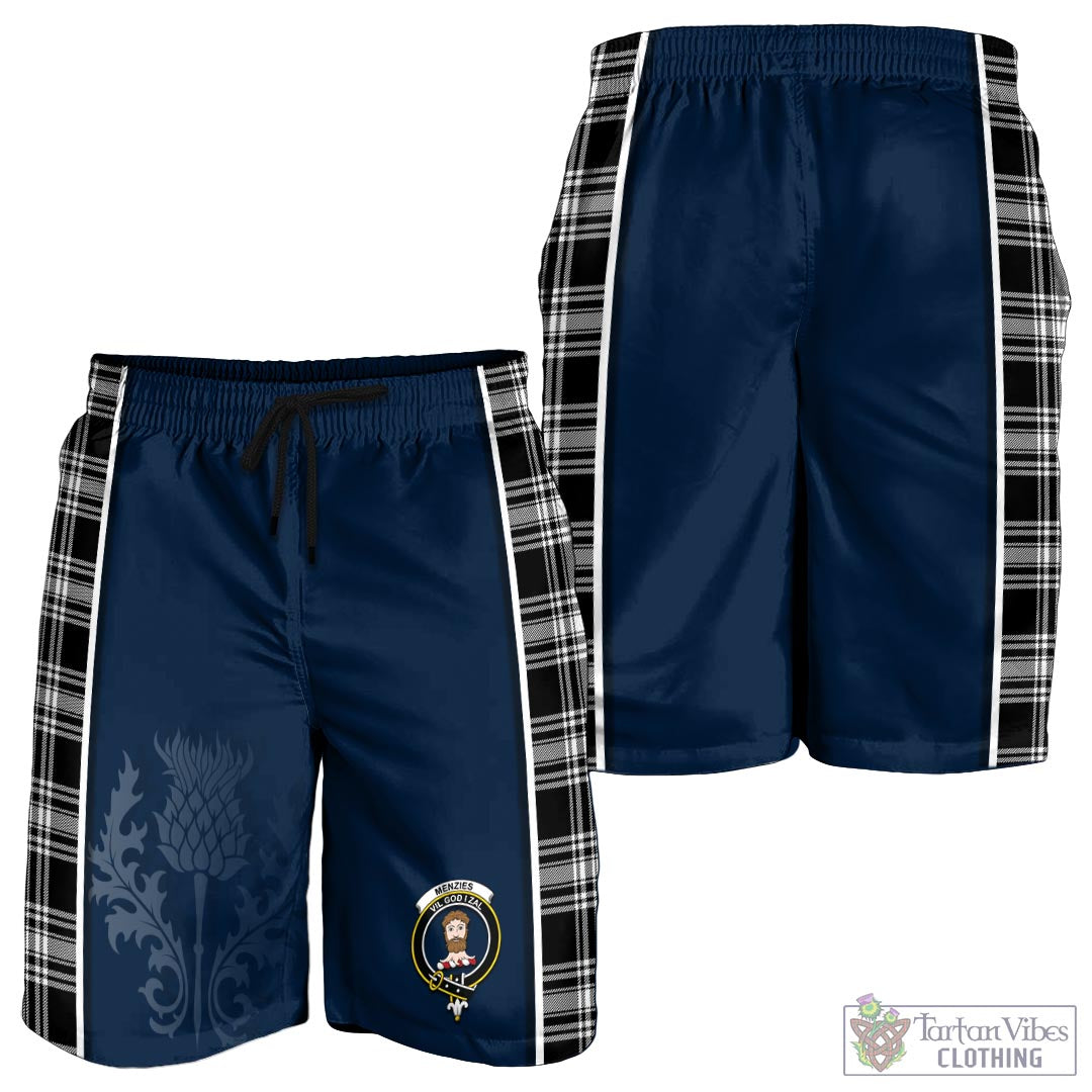 Tartan Vibes Clothing Menzies Black and White Tartan Men's Shorts with Family Crest and Scottish Thistle Vibes Sport Style