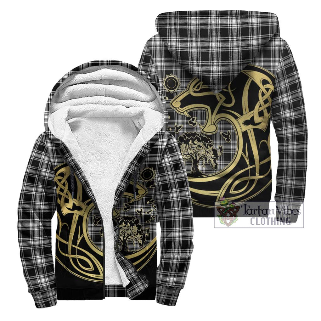 Menzies Black and White Tartan Sherpa Hoodie with Family Crest Celtic Wolf Style Unisex - Tartan Vibes Clothing