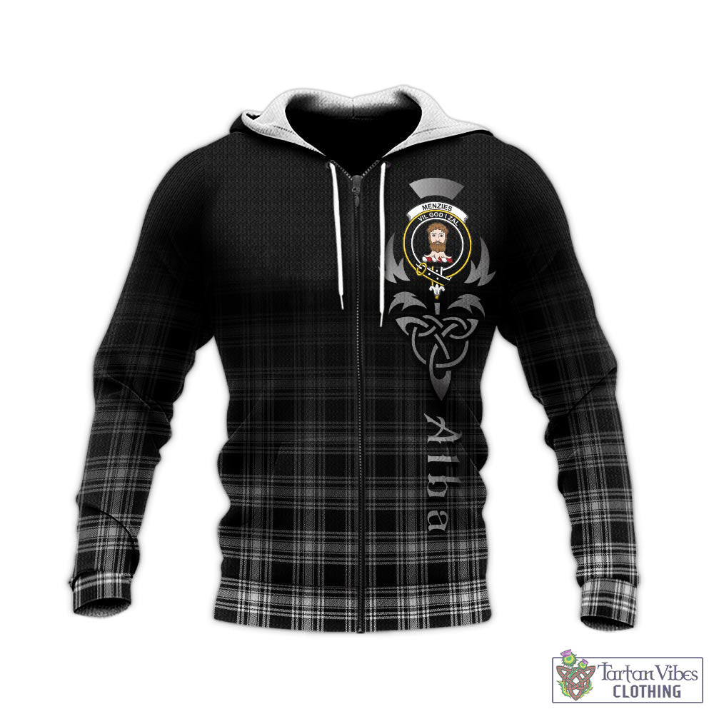 Tartan Vibes Clothing Menzies Black and White Tartan Knitted Hoodie Featuring Alba Gu Brath Family Crest Celtic Inspired