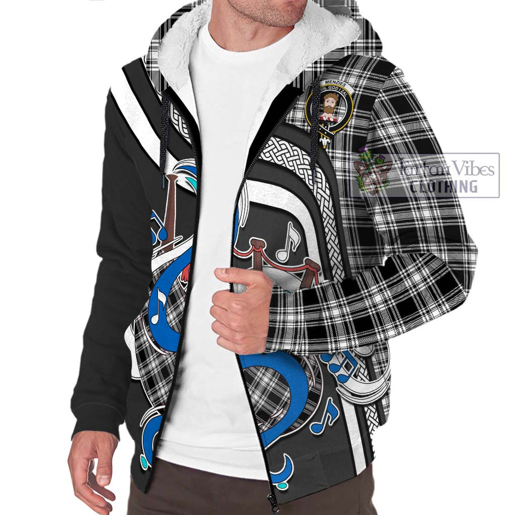 Menzies Black and White Tartan Sherpa Hoodie with Epic Bagpipe Style Unisex - Tartanvibesclothing Shop