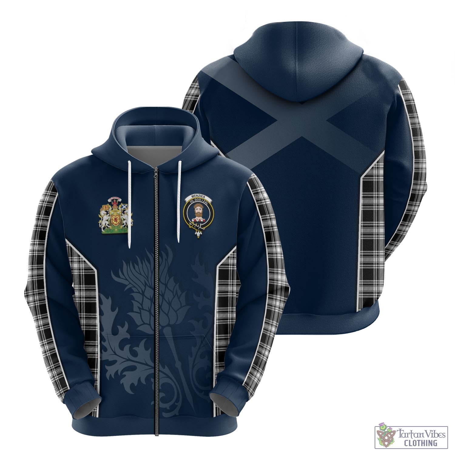 Tartan Vibes Clothing Menzies Black and White Tartan Hoodie with Family Crest and Scottish Thistle Vibes Sport Style