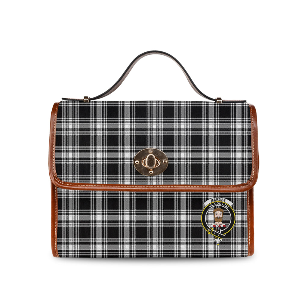 menzies-black-and-white-tartan-leather-strap-waterproof-canvas-bag-with-family-crest