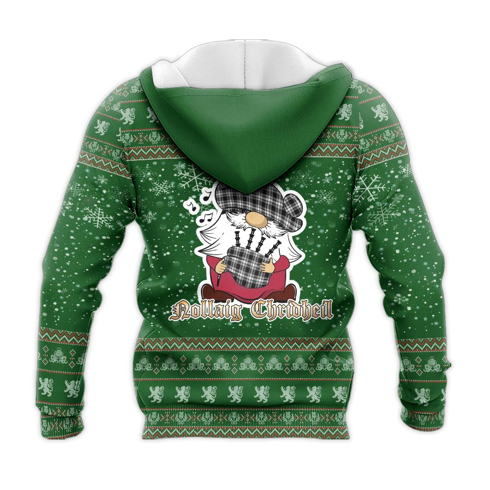 Menzies Black and White Clan Christmas Knitted Hoodie with Funny Gnome Playing Bagpipes - Tartanvibesclothing