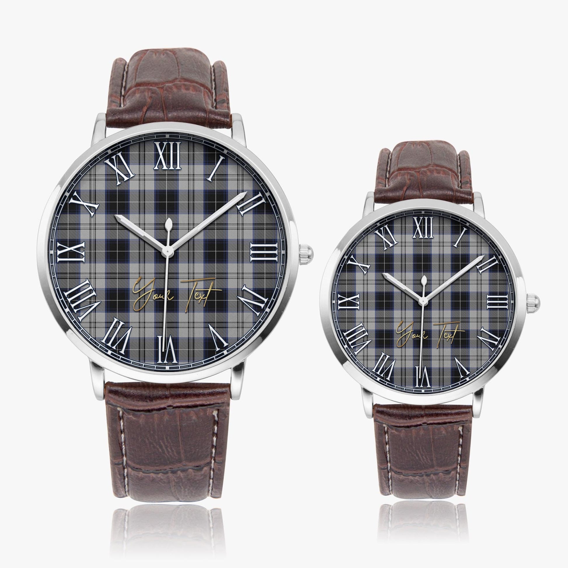 Menzies Black Dress Tartan Personalized Your Text Leather Trap Quartz Watch Ultra Thin Silver Case With Brown Leather Strap - Tartanvibesclothing