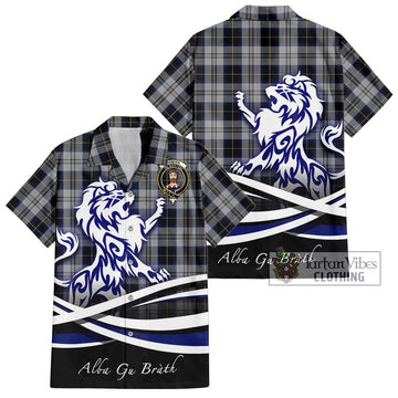 Menzies Black Dress Tartan Short Sleeve Button Shirt with Alba Gu Brath Regal Lion Emblem