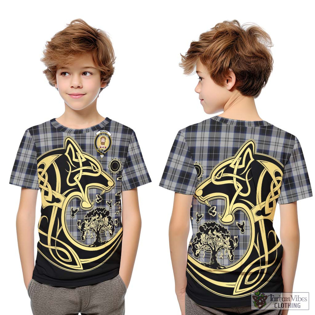 Menzies Black Dress Tartan Kid T-Shirt with Family Crest Celtic Wolf Style Youth XL Size14 - Tartan Vibes Clothing