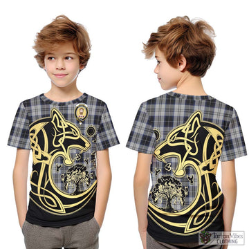 Menzies Black Dress Tartan Kid T-Shirt with Family Crest Celtic Wolf Style