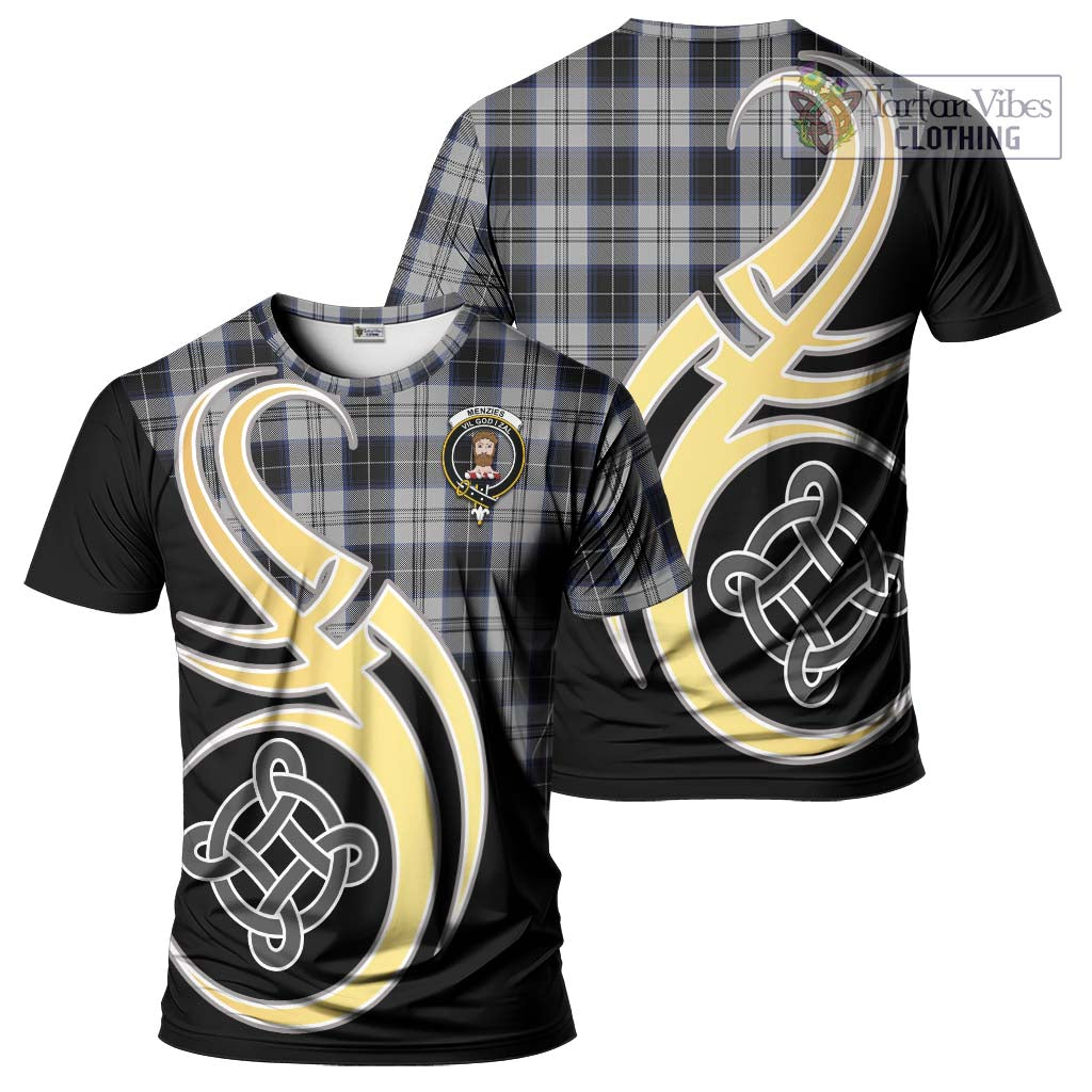 Tartan Vibes Clothing Menzies Black Dress Tartan T-Shirt with Family Crest and Celtic Symbol Style