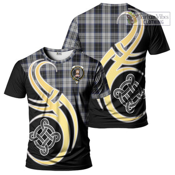 Menzies Black Dress Tartan T-Shirt with Family Crest and Celtic Symbol Style