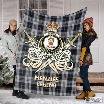 Menzies Black Dress Tartan Blanket with Clan Crest and the Golden Sword of Courageous Legacy