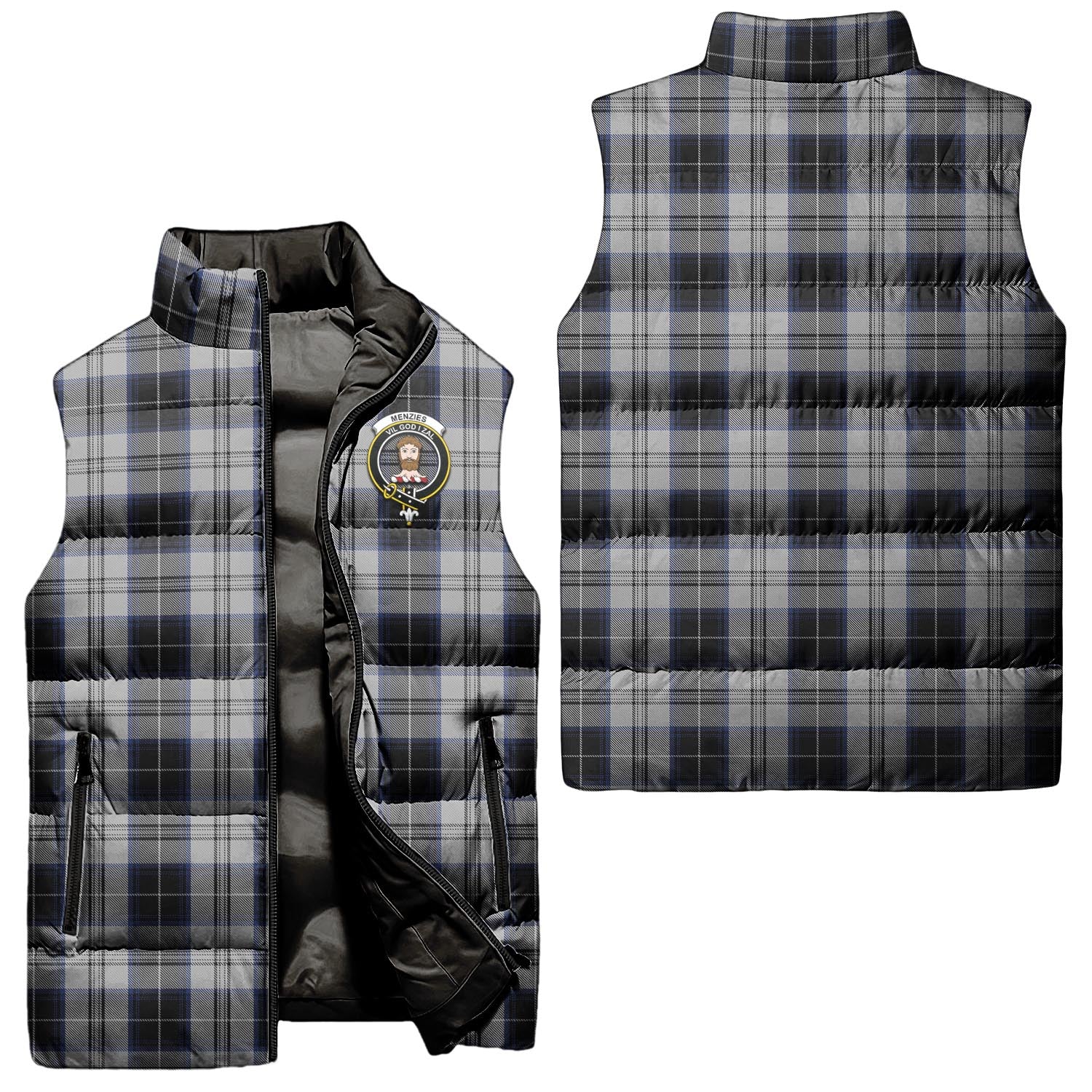 Menzies Black Dress Tartan Sleeveless Puffer Jacket with Family Crest Unisex - Tartanvibesclothing