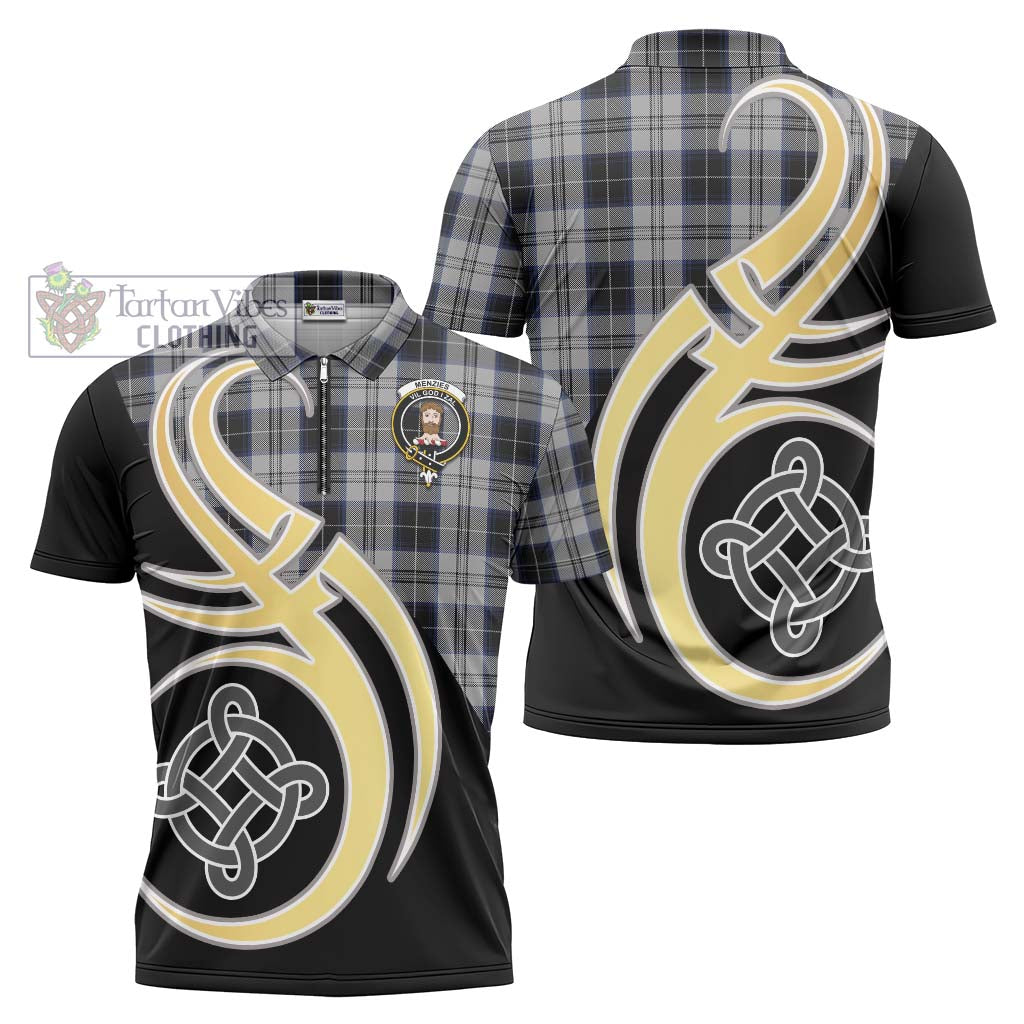 Tartan Vibes Clothing Menzies Black Dress Tartan Zipper Polo Shirt with Family Crest and Celtic Symbol Style