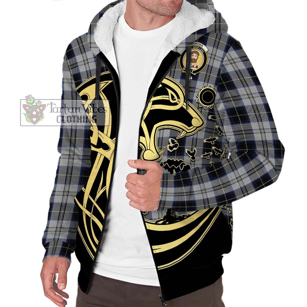 Menzies Black Dress Tartan Sherpa Hoodie with Family Crest Celtic Wolf Style Unisex S - Tartan Vibes Clothing