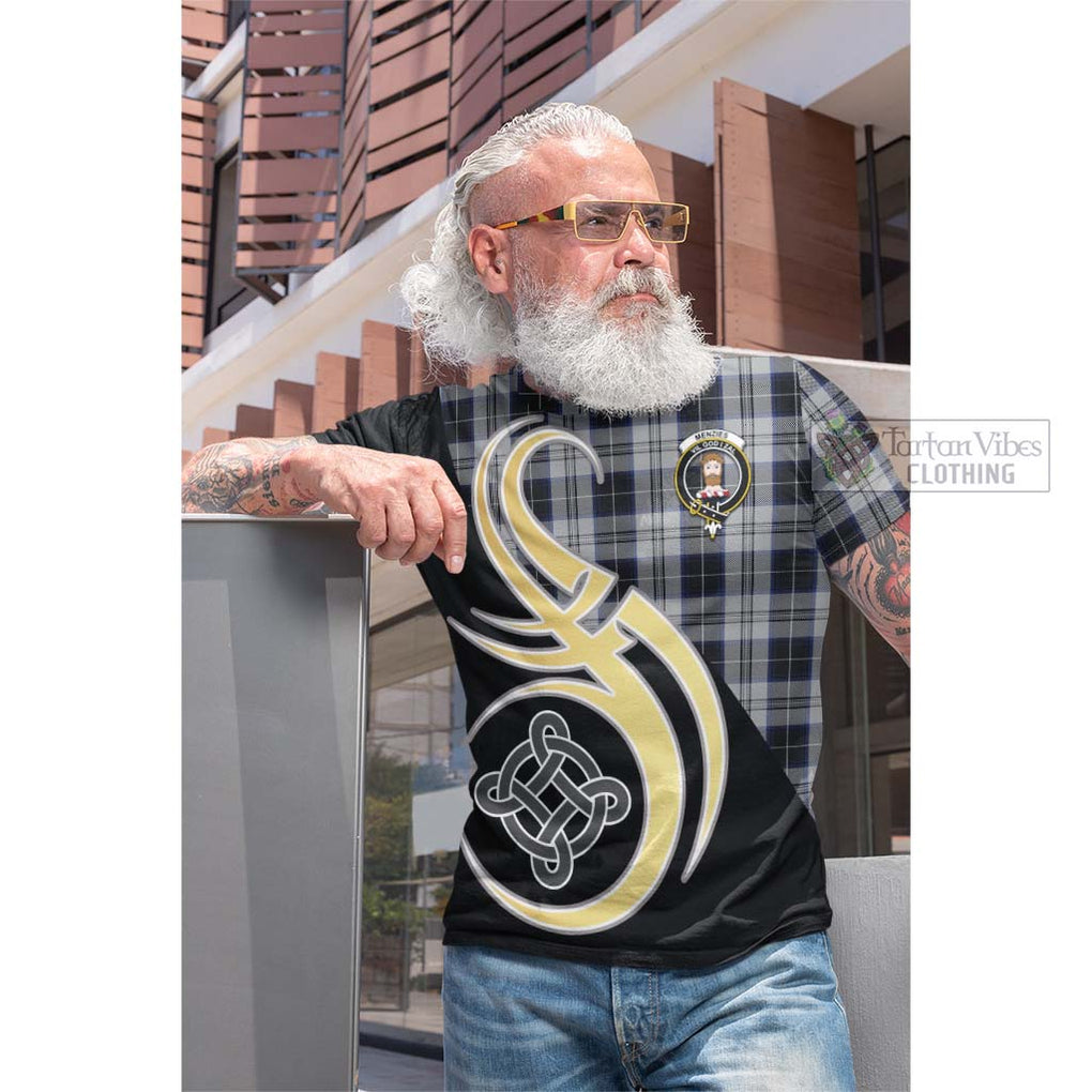 Tartan Vibes Clothing Menzies Black Dress Tartan Cotton T-shirt with Family Crest and Celtic Symbol Style