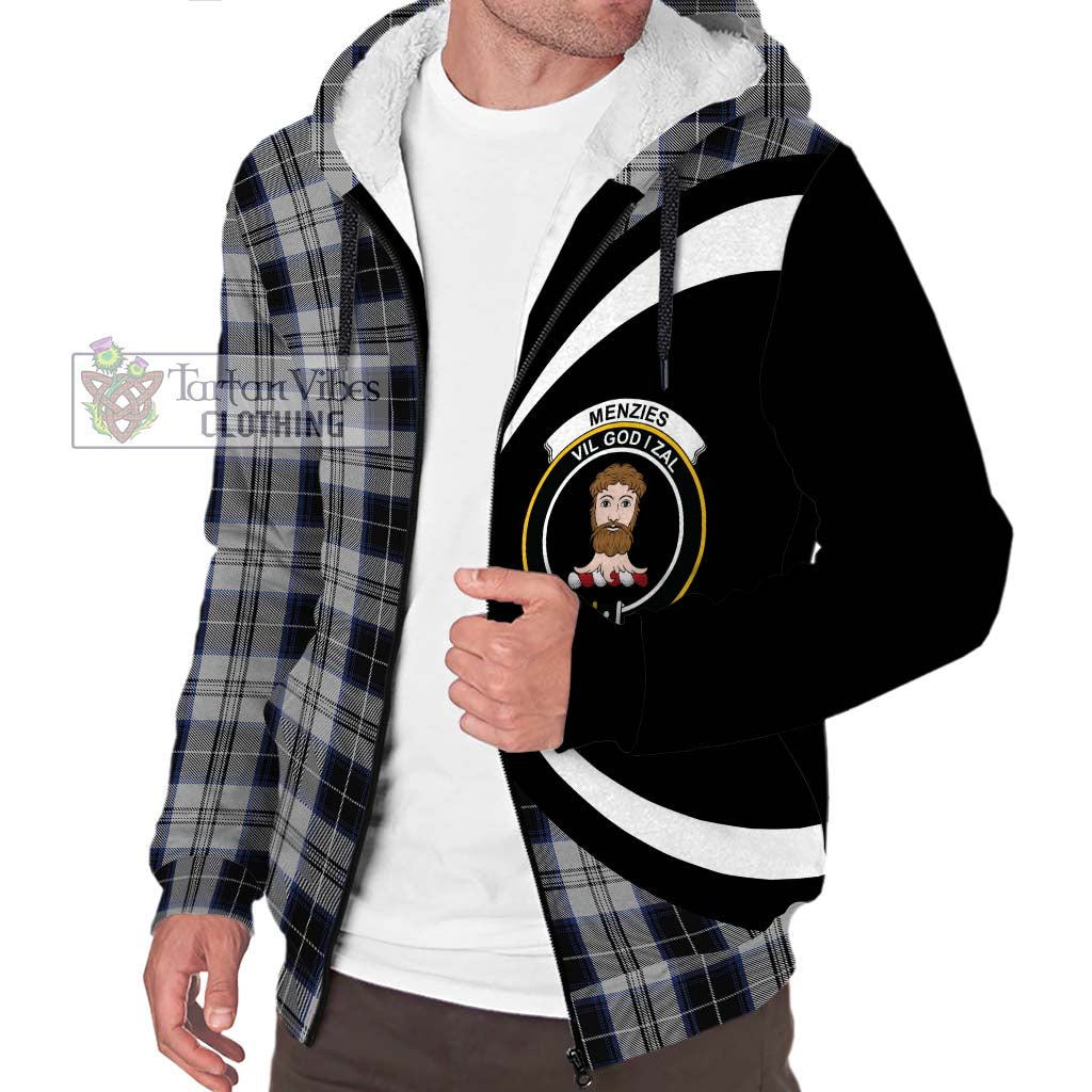 Menzies Black Dress Tartan Sherpa Hoodie with Family Crest Circle Style Unisex S - Tartan Vibes Clothing