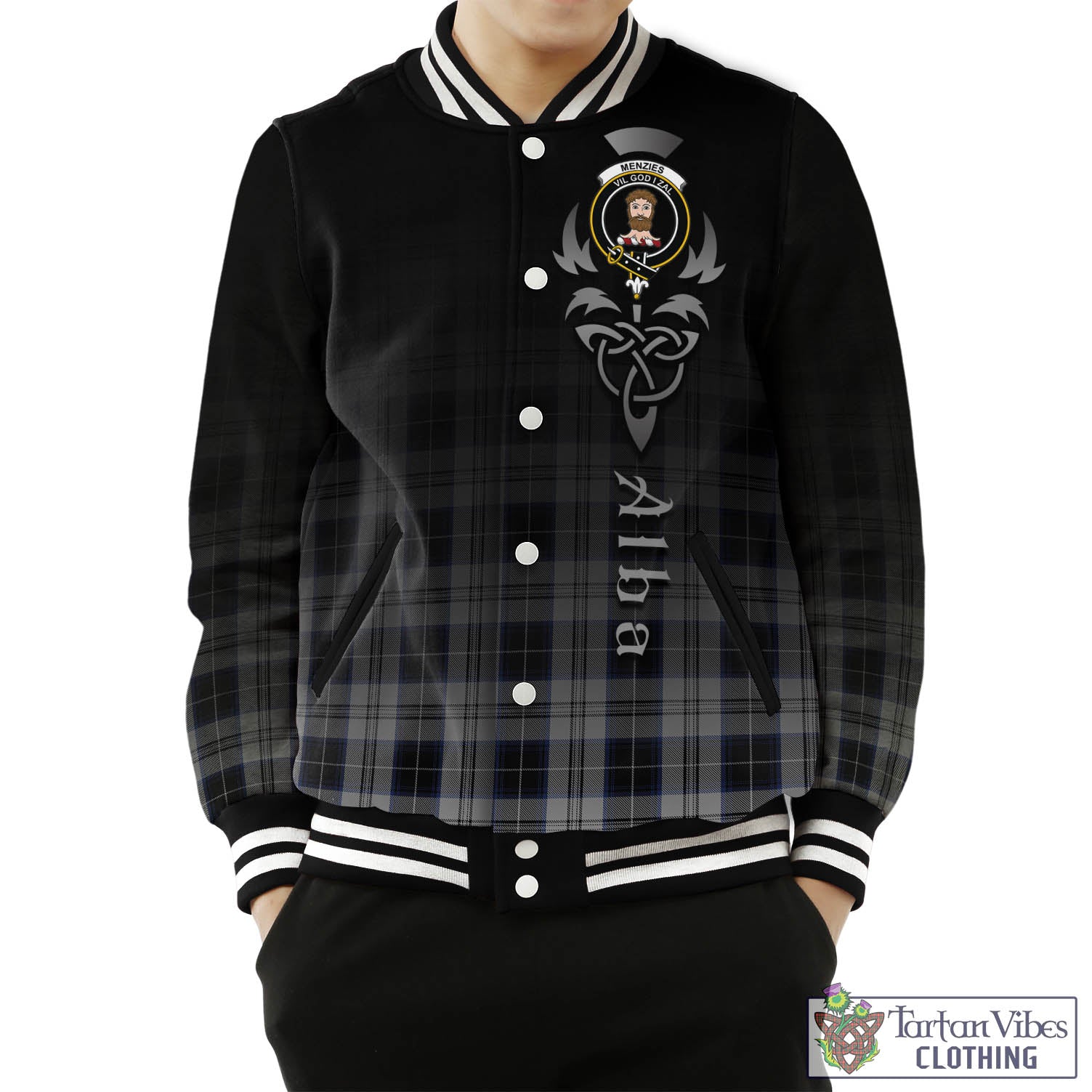 Tartan Vibes Clothing Menzies Black Dress Tartan Baseball Jacket Featuring Alba Gu Brath Family Crest Celtic Inspired