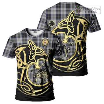 Menzies Black Dress Tartan T-Shirt with Family Crest Celtic Wolf Style