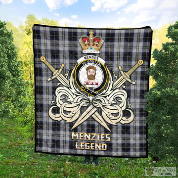 Menzies Black Dress Tartan Quilt with Clan Crest and the Golden Sword of Courageous Legacy