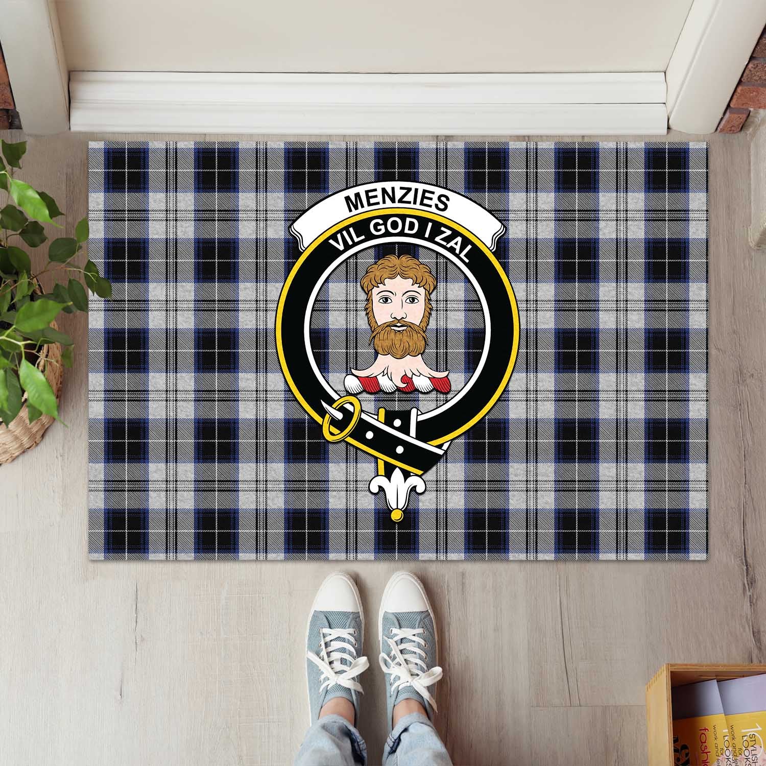 Menzies Black Dress Tartan Door Mat with Family Crest - Tartanvibesclothing