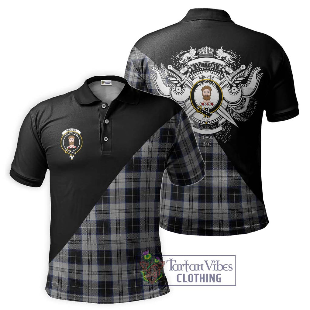 Menzies Black Dress Tartan Polo Shirt with Family Crest and Military Logo Style Kid - Tartanvibesclothing Shop