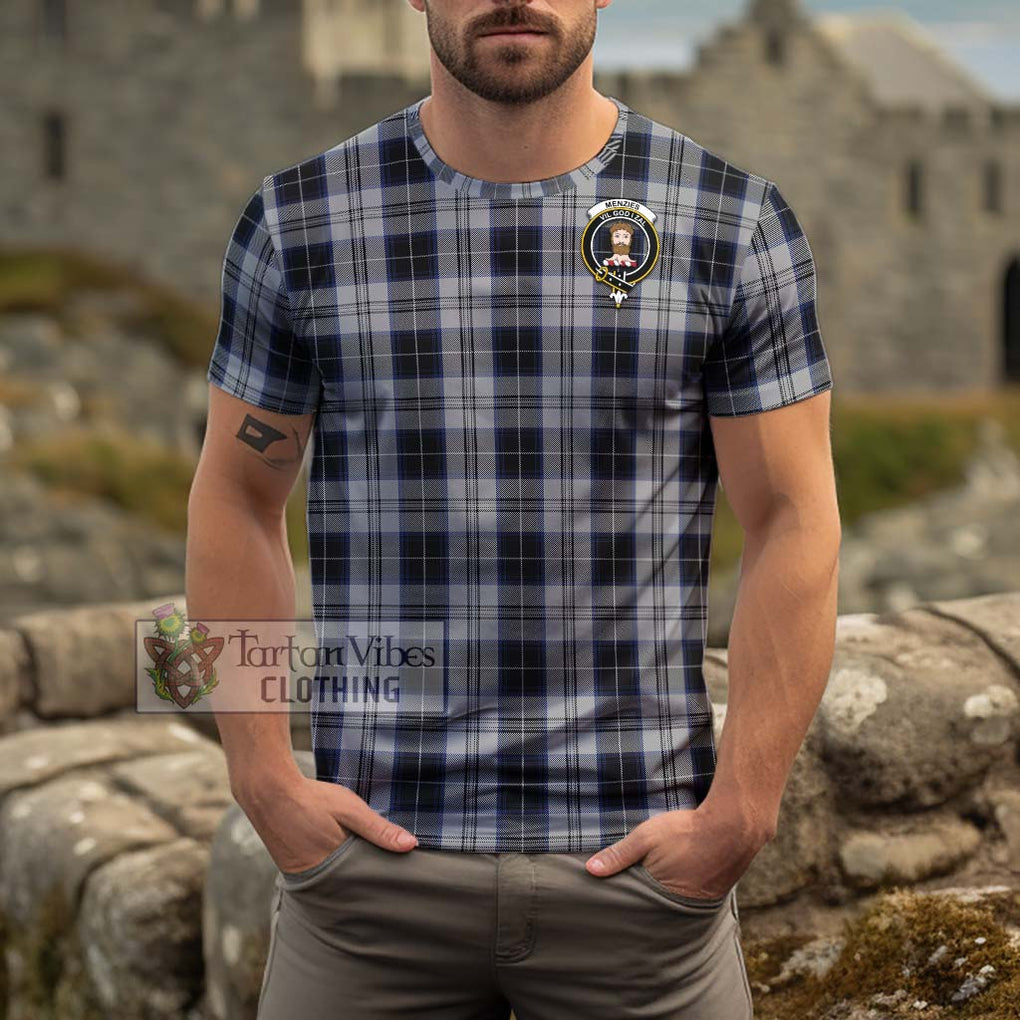 Menzies Black Dress Tartan Cotton T-Shirt with Family Crest Men's Shirt - Tartanvibesclothing Shop