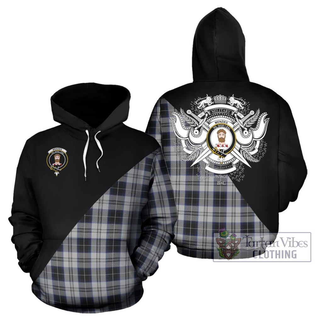 Menzies Black Dress Tartan Hoodie with Family Crest and Military Logo Style Zip Hoodie - Tartanvibesclothing Shop