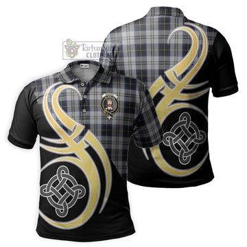 Menzies Black Dress Tartan Polo Shirt with Family Crest and Celtic Symbol Style