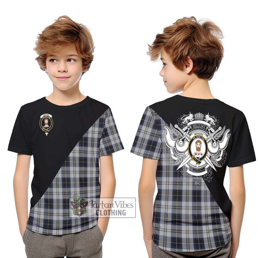 Menzies Black Dress Tartan Kid T-Shirt with Family Crest and Military Logo Style Youth XL Size14 - Tartanvibesclothing Shop