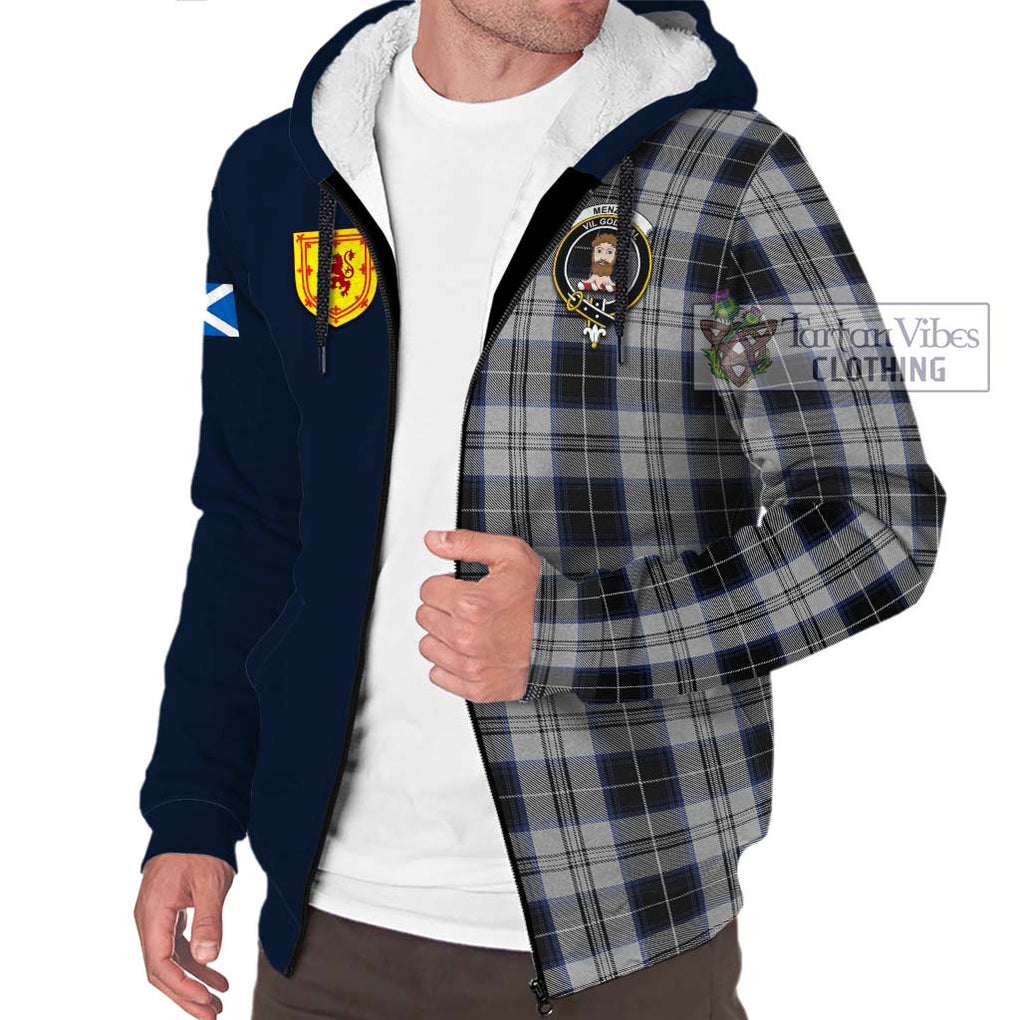 Tartan Vibes Clothing Menzies Black Dress Tartan Sherpa Hoodie with Scottish Lion Royal Arm Half Style