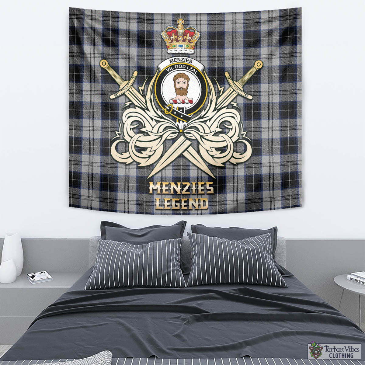 Tartan Vibes Clothing Menzies Black Dress Tartan Tapestry with Clan Crest and the Golden Sword of Courageous Legacy