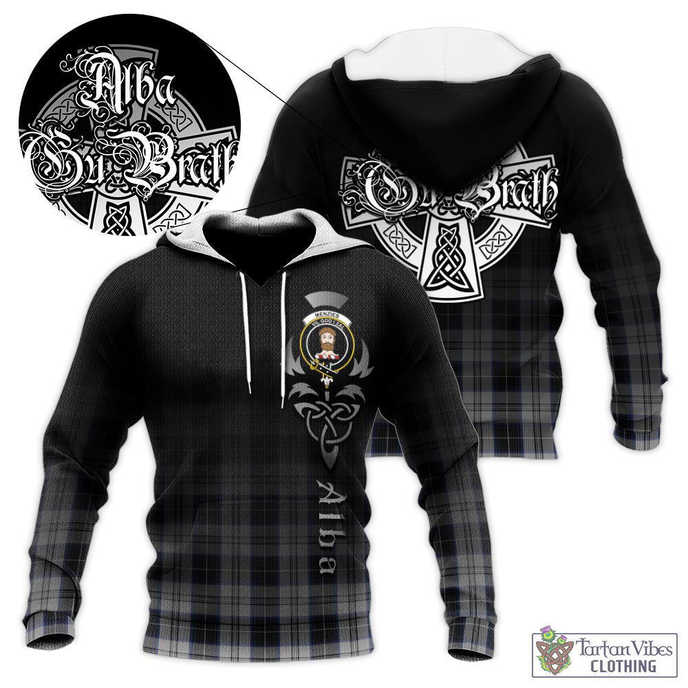 Tartan Vibes Clothing Menzies Black Dress Tartan Knitted Hoodie Featuring Alba Gu Brath Family Crest Celtic Inspired